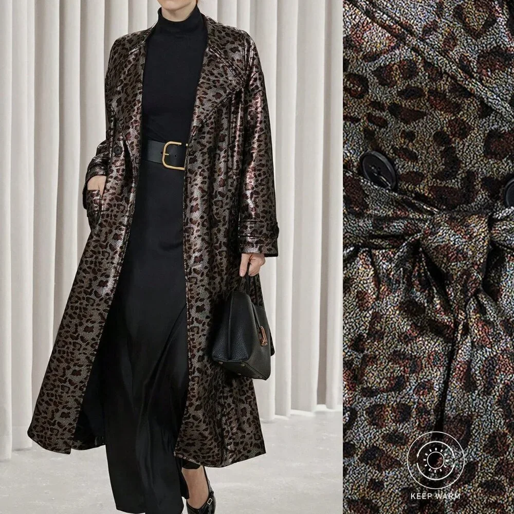 Multicolor Elegant Women's Leopard Print Faux Leather Trench coat / Jacket
